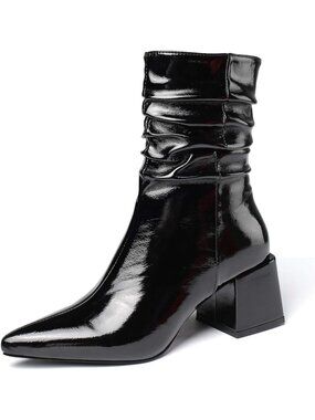 Women's Black Ankle Boot Chunky Block Heel Mid-Calf Booties Slouchy Ruched